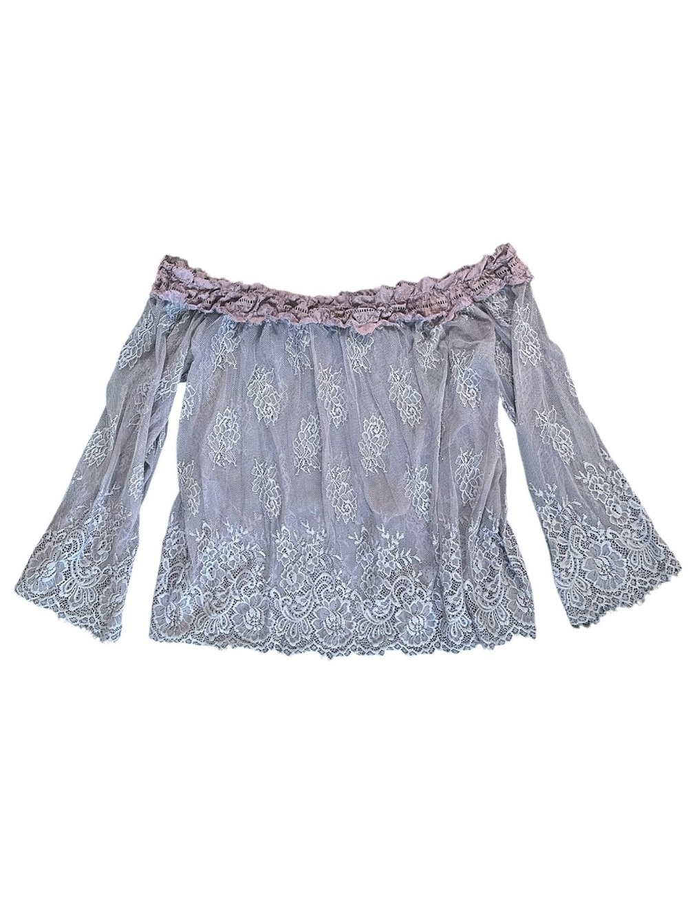 Plus Off-Shoulder Lavender Lace Trim Sheer Top in Mauve Purple 1x - Picture 4 of 8